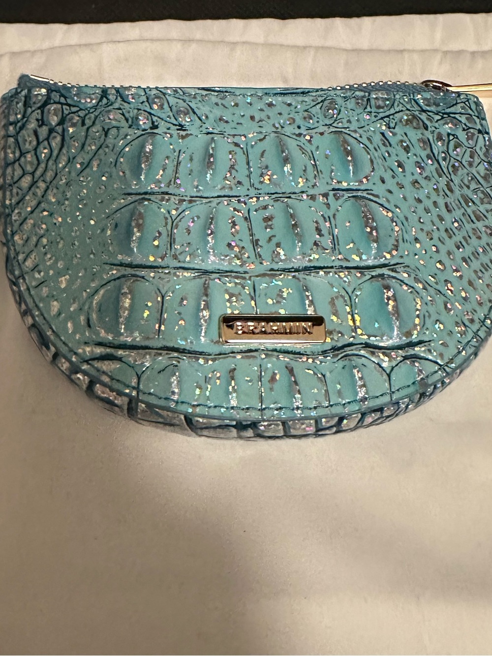 Brahmin Arctic Blue Britt Aqua Croc-Embossed Mini Wristlet with Glitter Like New